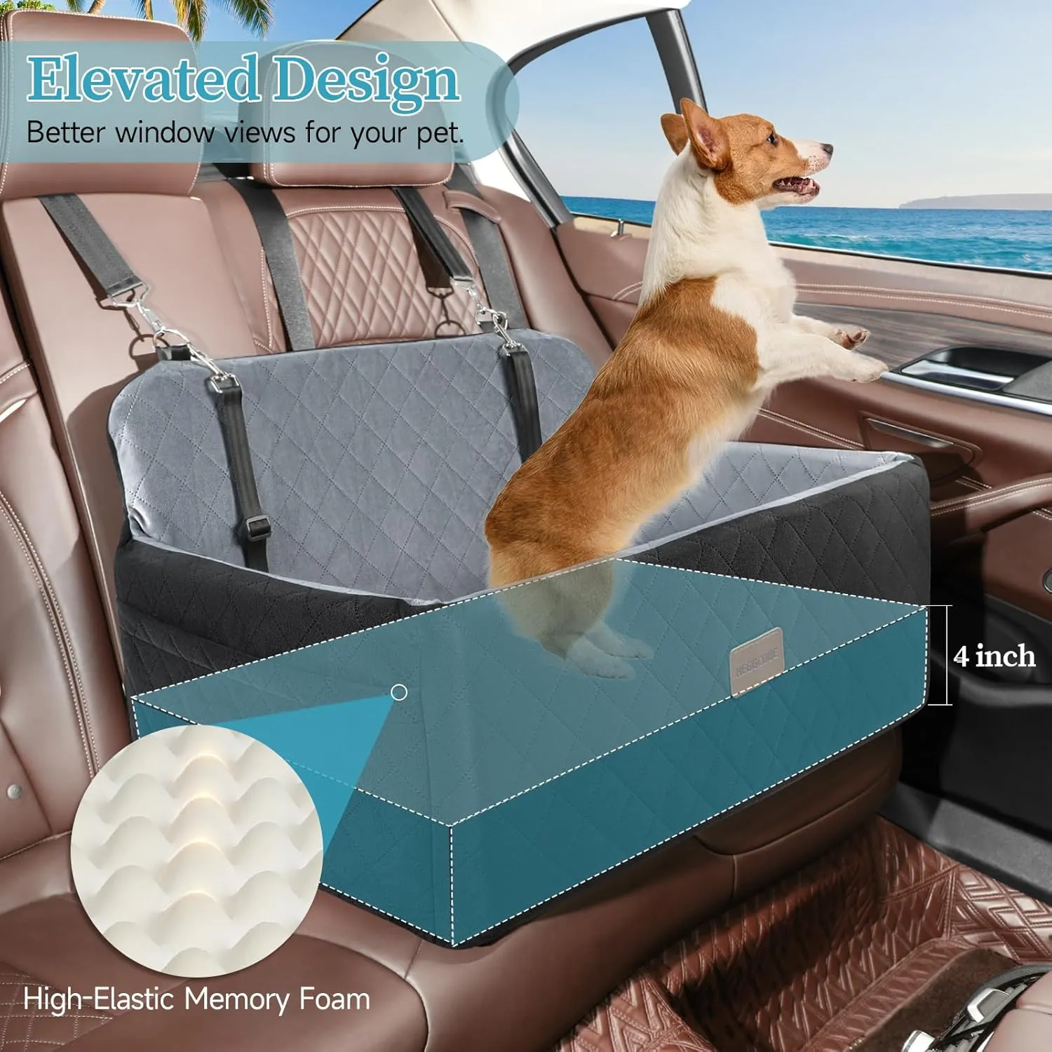 Dog Car Seat for Medium/Large Dogs, Dog Booster Car Seat for Dogs Under 55 lbs or 2 Small Dogs, Detachable & Washable Pet Car Seat, Dog Car Bed for Backseat with 2 Safety Leashes (Black/Grey)