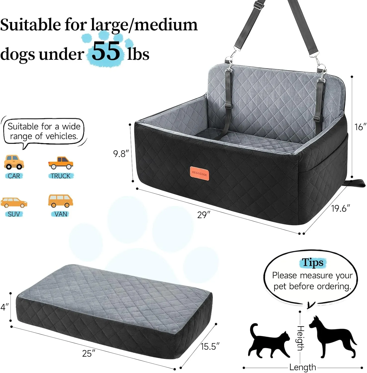 Dog Car Seat for Medium/Large Dogs, Dog Booster Car Seat for Dogs Under 55 lbs or 2 Small Dogs, Detachable & Washable Pet Car Seat, Dog Car Bed for Backseat with 2 Safety Leashes (Black/Grey)
