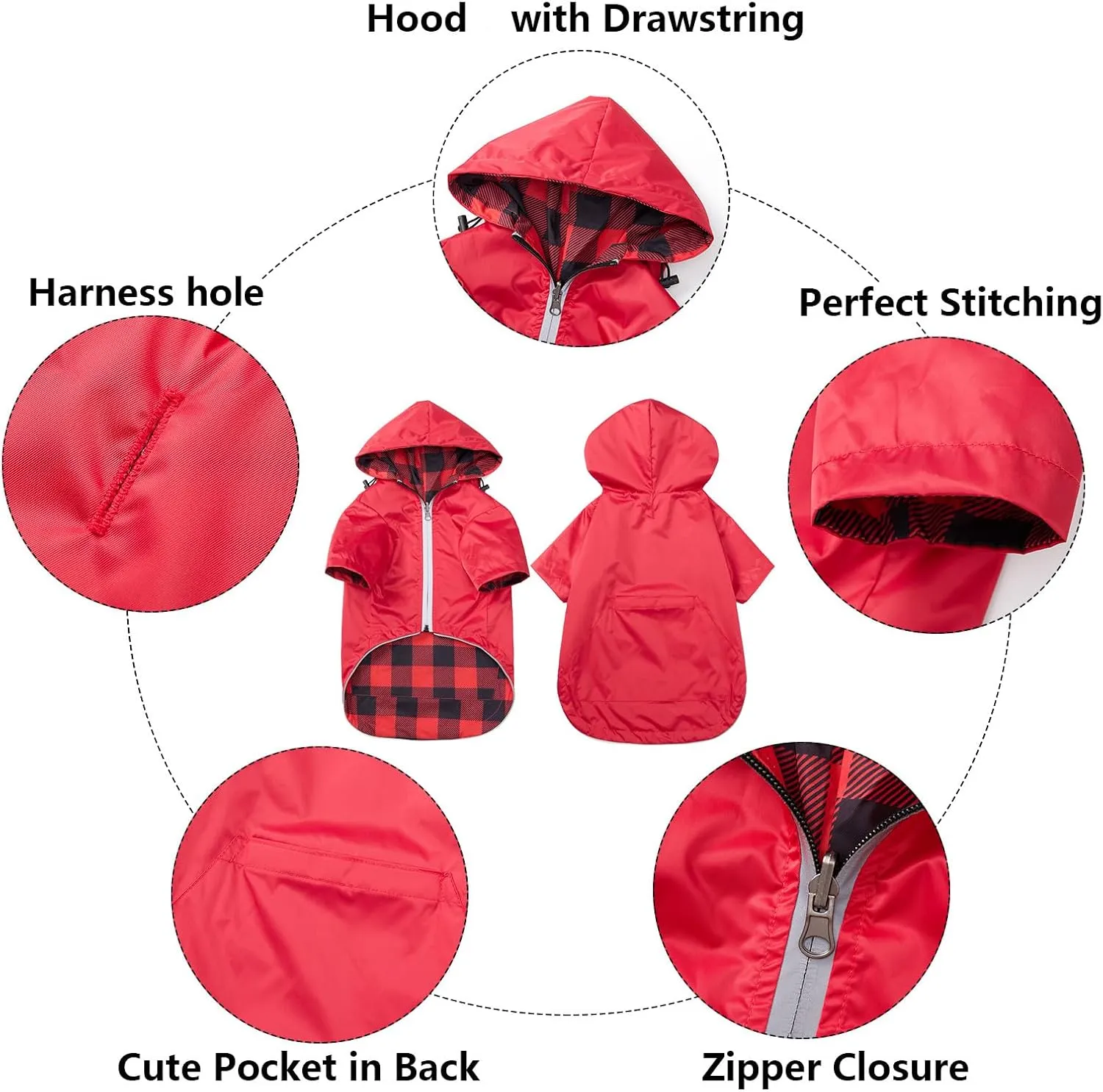 Dog Raincoat Dogs Waterproof Reversible rain Jacket Dog Small Medium Breeds Reflective Zipper Storage Pocket Harness Hole - Red - M