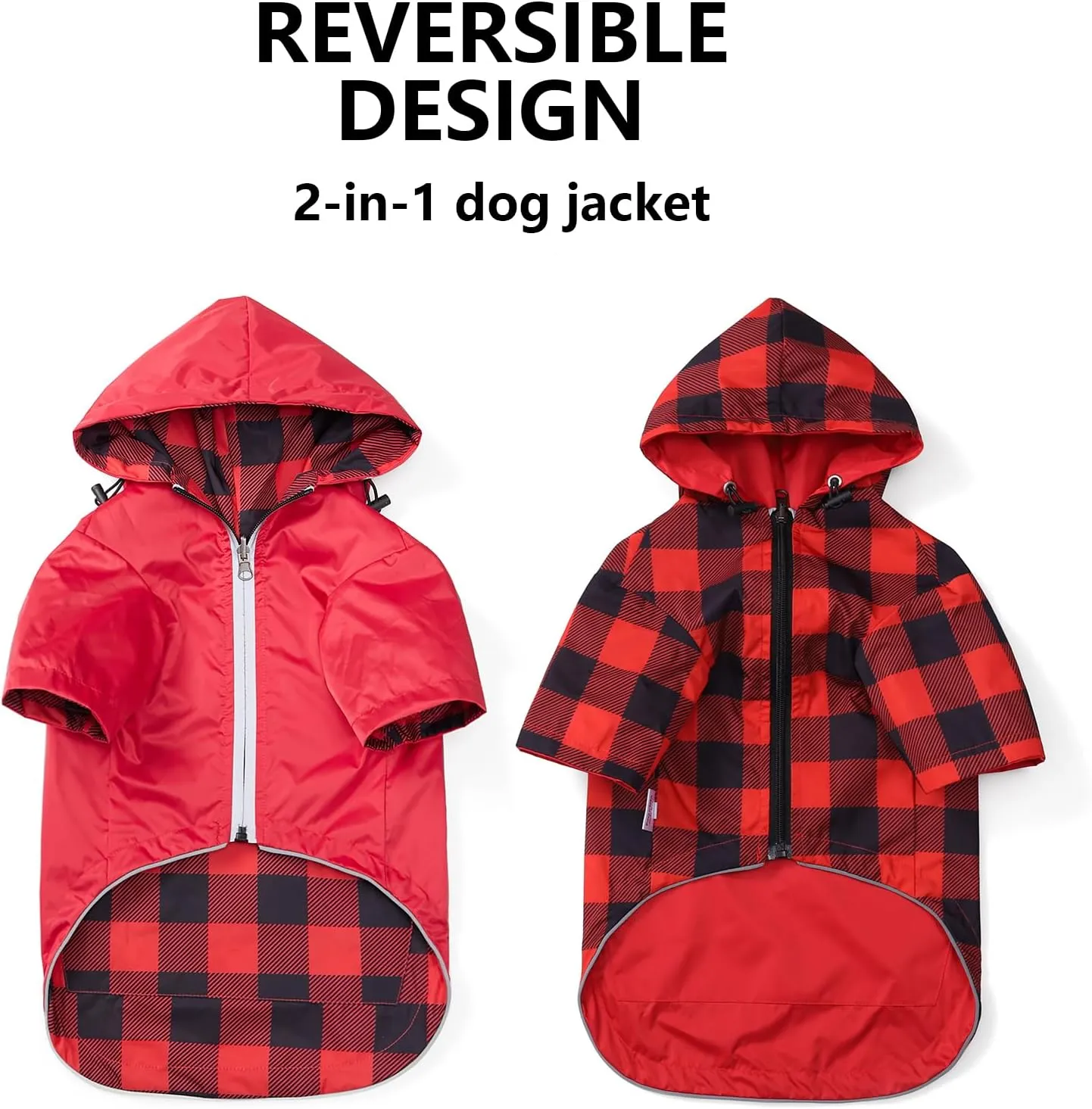 Dog Raincoat Dogs Waterproof Reversible rain Jacket Dog Small Medium Breeds Reflective Zipper Storage Pocket Harness Hole - Red - M