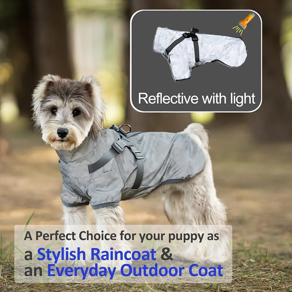 Dog Raincoat for Small Medium Dogs, Dog Rain Coat with Harness Built in, All Weather Waterproof Pet rain Jacket, Reflective Puppy Clothes (Camouflage Grey, Small)