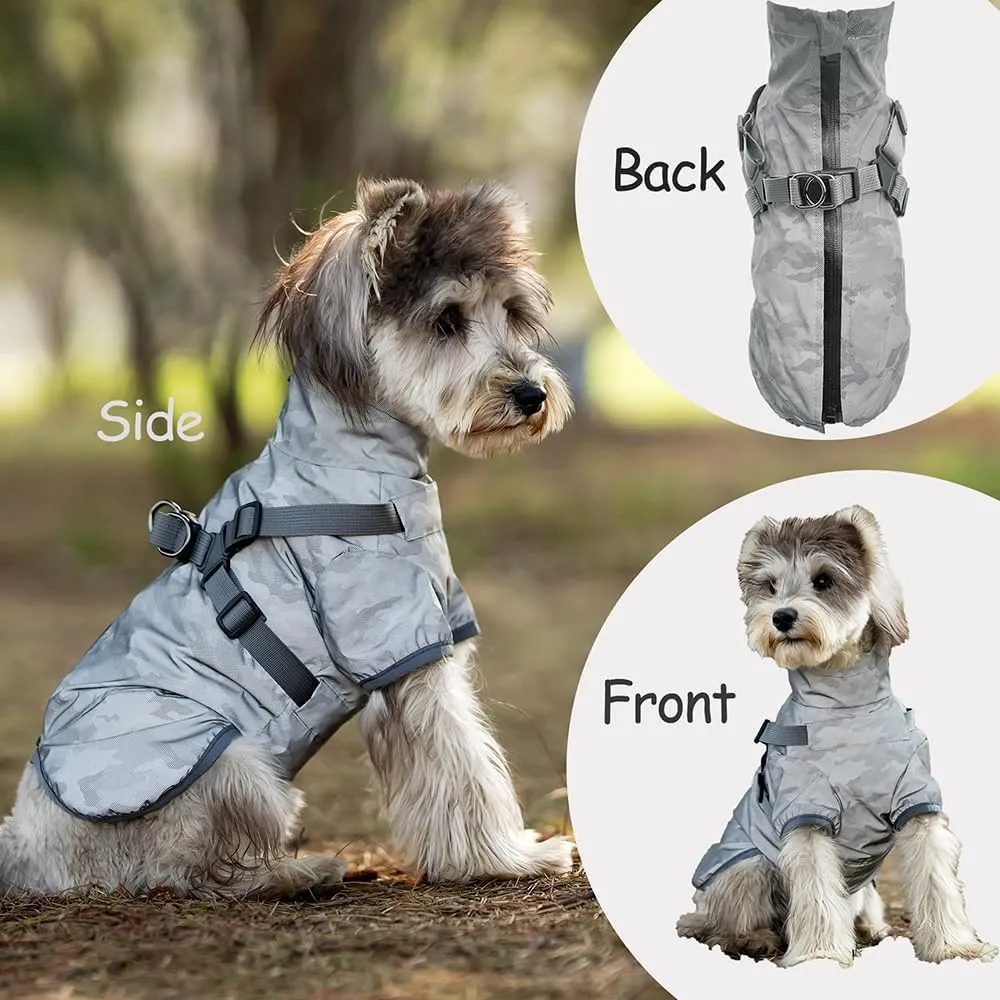Dog Raincoat for Small Medium Dogs, Dog Rain Coat with Harness Built in, All Weather Waterproof Pet rain Jacket, Reflective Puppy Clothes (Camouflage Grey, Small)