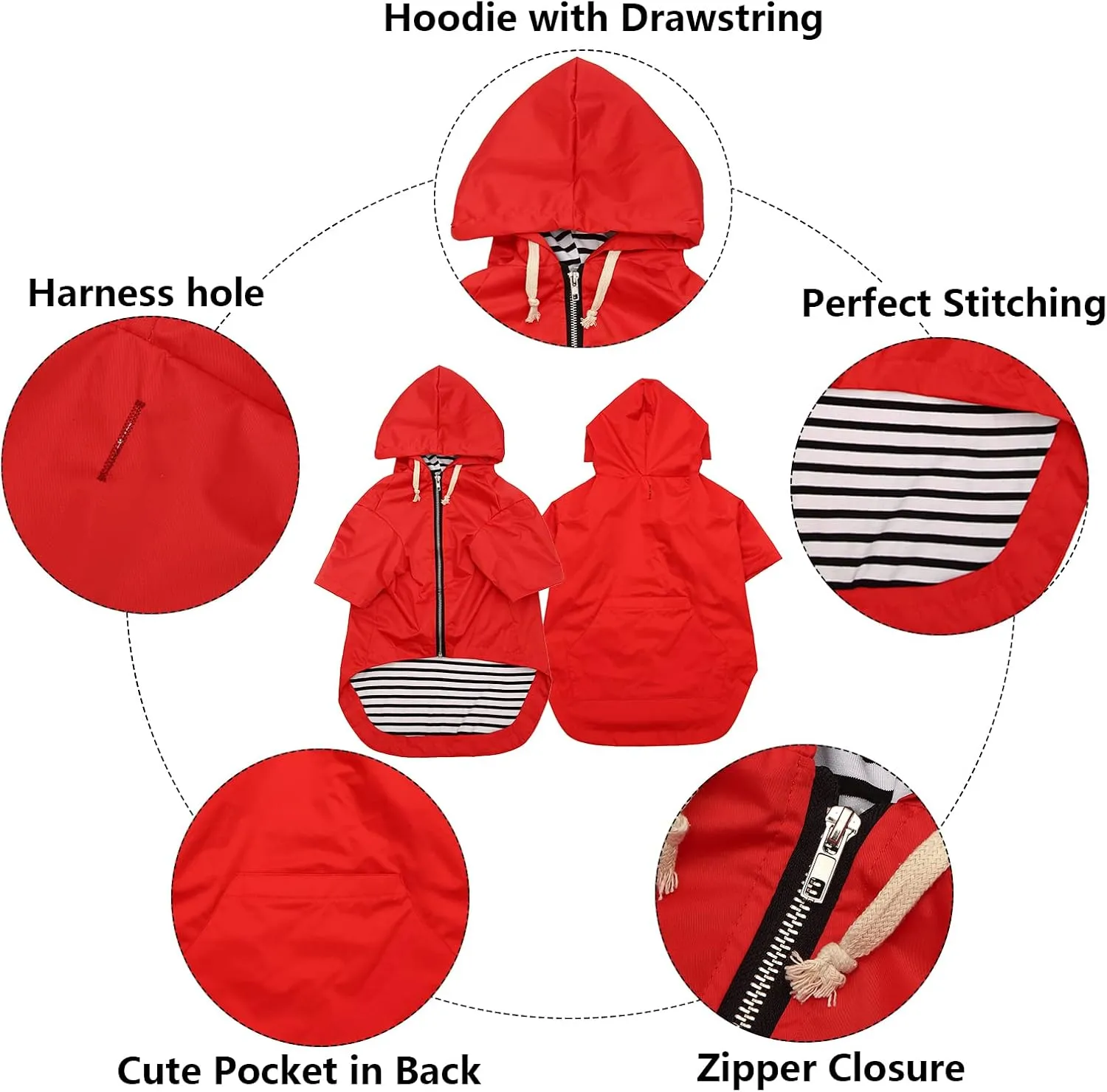 Dog Raincoat rain Jacket Raincoat Dogs Waterproof Small Medium Breeds Zip Closure Storage Pocket Harness Hole Red M