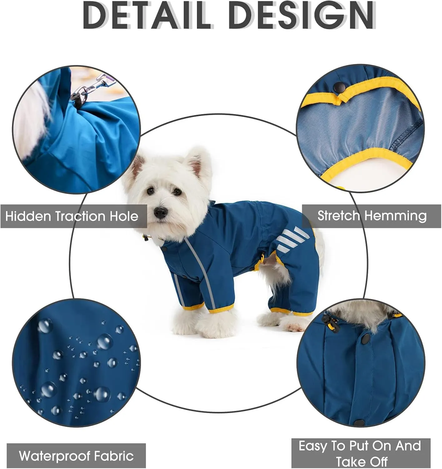 Dog Raincoat, Waterproof Dog Rain Jacket with Hood, Rain Coat with Leash Hole, Reflective Strap for Small Medium Dogs, Outdoor Adventures/Walking Lightweight Puppy (Blue,L)