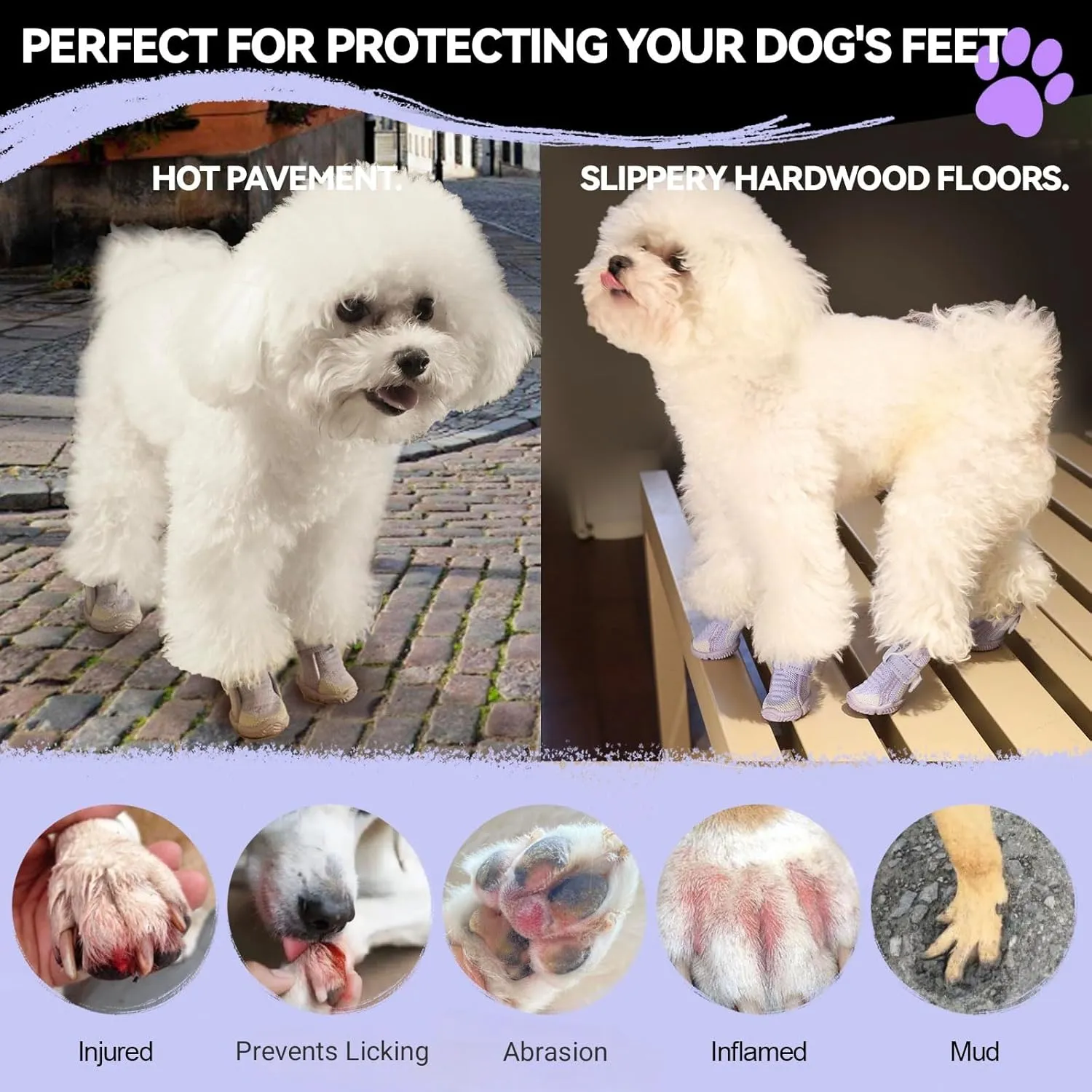 Dog Shoes for Small Dogs, Breathable Puppy Dog Boots & Paw Protectors for Summer Hot Pavement Winter Snow, Dog Booties with Reflective Strips, Anti-Slip Sole for Hardwood Floors (Purple-Size4)