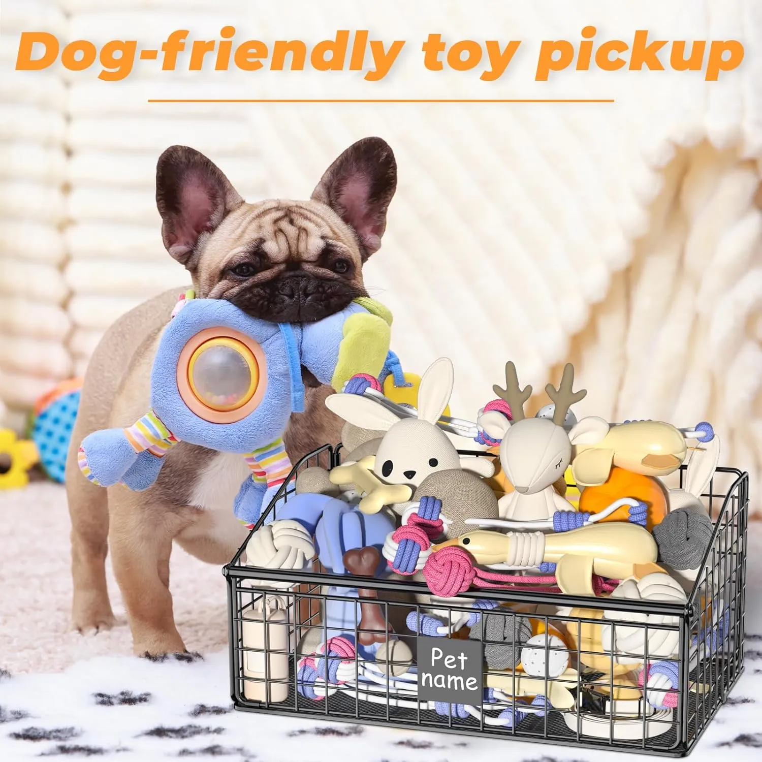Dog Toy Bin Toy Basket Metal Storage Box with Handles Dog Organizer Chew-Proof Dog Toy Box Blankets Leashes Chest Puppy Dog Toy Storage Container Home Decor Pet Toys Dog Cat
