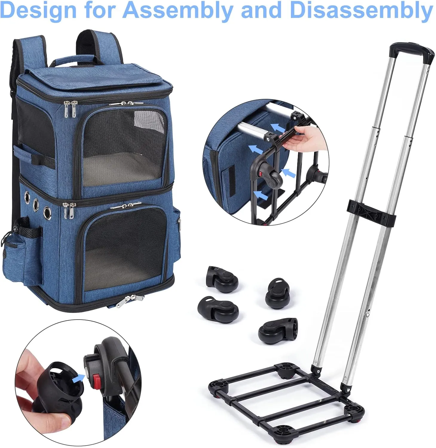 Double-Compartment Pet Carrier Backpack with Wheels for Small Cats and Dogs, Cat Rolling Carrier for 2 Cats, Perfect for Traveling/Taking a Walk/Trips to The Vet, Blue
