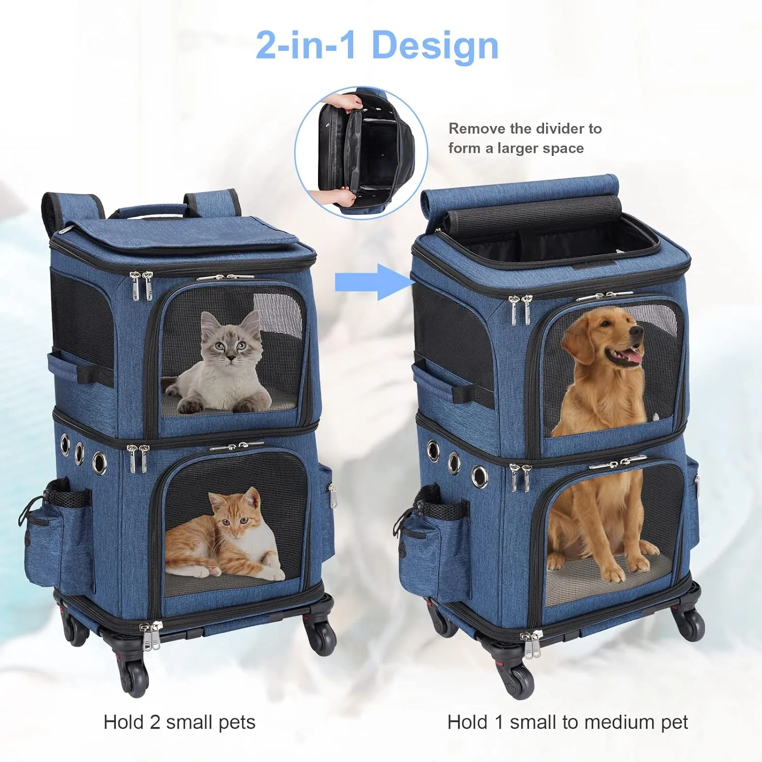 Double-Compartment Pet Carrier Backpack with Wheels for Small Cats and Dogs, Cat Rolling Carrier for 2 Cats, Perfect for Traveling/Taking a Walk/Trips to The Vet, Blue