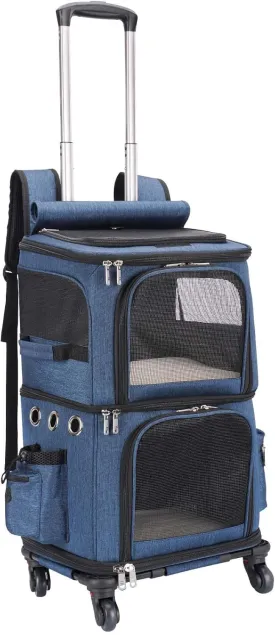 Double-Compartment Pet Carrier Backpack with Wheels for Small Cats and Dogs, Cat Rolling Carrier for 2 Cats, Perfect for Traveling/Taking a Walk/Trips to The Vet, Blue