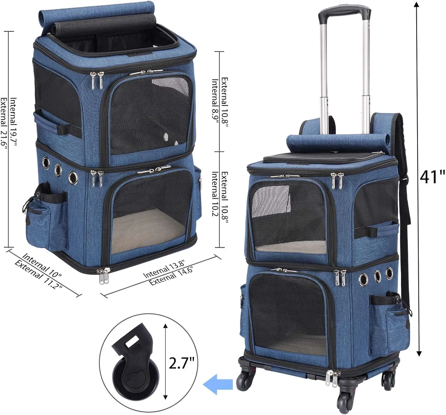 Double-Compartment Pet Carrier Backpack with Wheels for Small Cats and Dogs, Cat Rolling Carrier for 2 Cats, Perfect for Traveling/Taking a Walk/Trips to The Vet, Blue