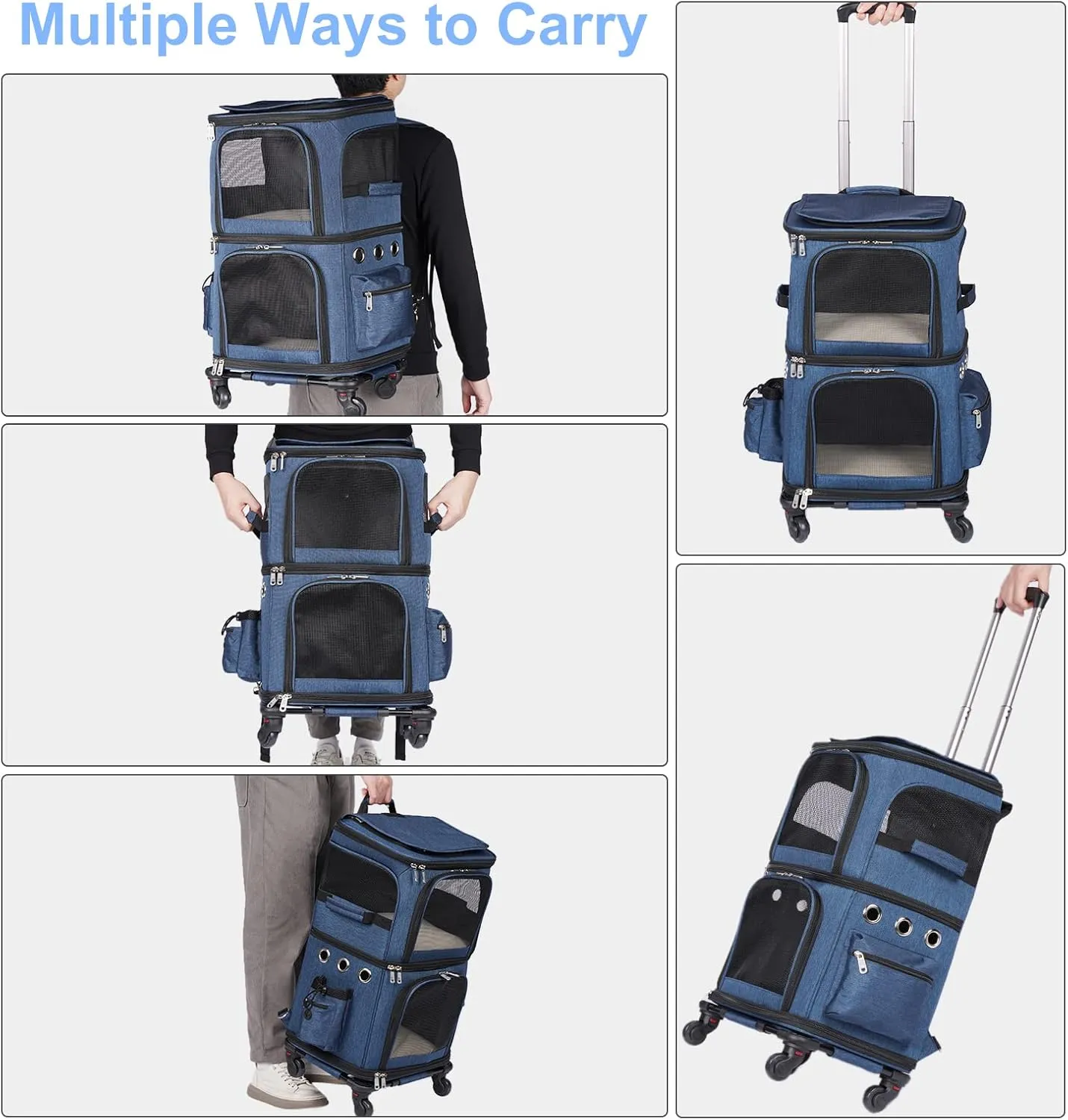 Double-Compartment Pet Carrier Backpack with Wheels for Small Cats and Dogs, Cat Rolling Carrier for 2 Cats, Perfect for Traveling/Taking a Walk/Trips to The Vet, Blue