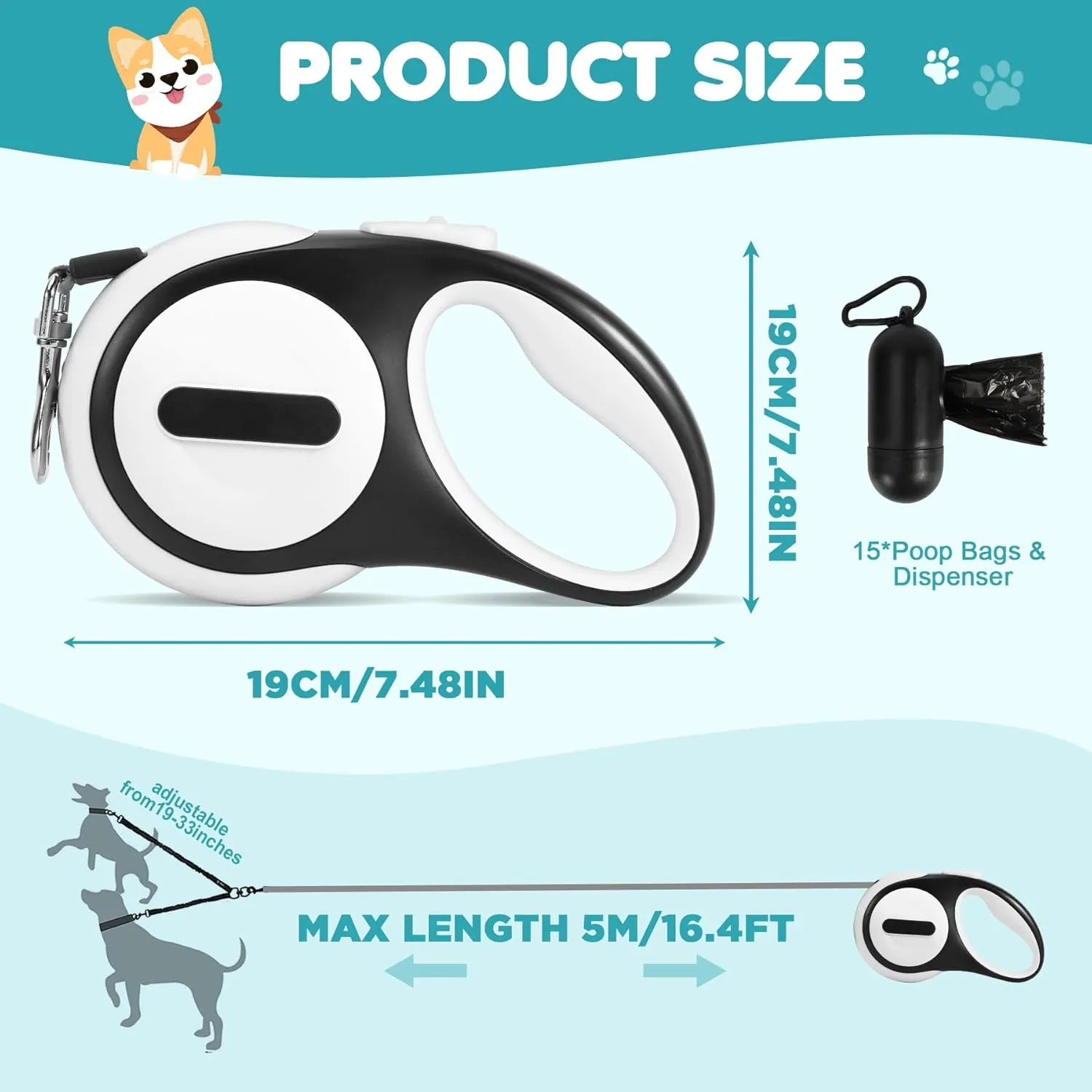 Double Retractable Dog Leash for 2 Large Dogs (Up to 143 Lbs Each), 2 Headed Pet Leash with Poop Bags and Rechargeable LED Light - Tangle-Free Swivel - One Button Break & Lock (White, Large)