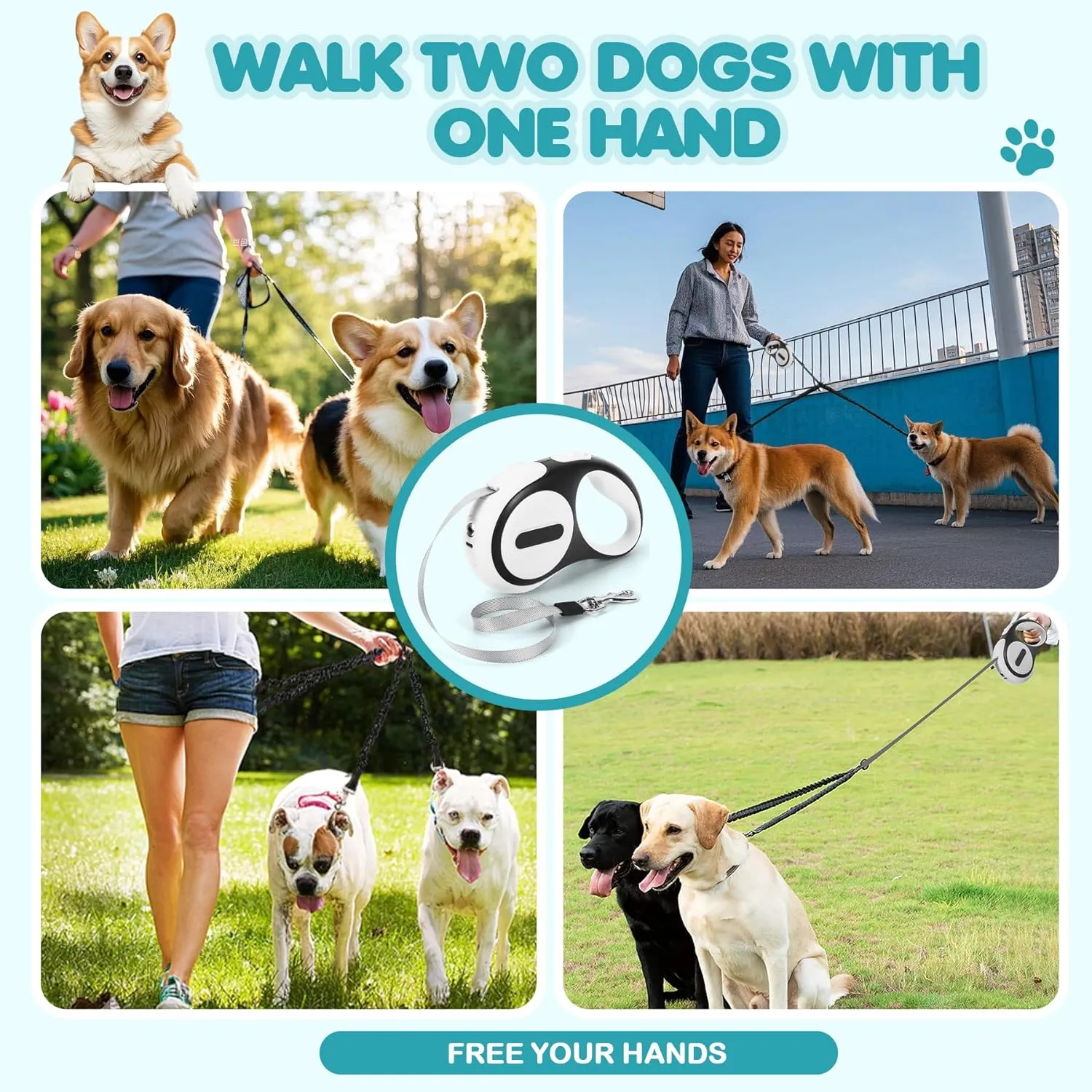 Double Retractable Dog Leash for 2 Large Dogs (Up to 143 Lbs Each), 2 Headed Pet Leash with Poop Bags and Rechargeable LED Light - Tangle-Free Swivel - One Button Break & Lock (White, Large)