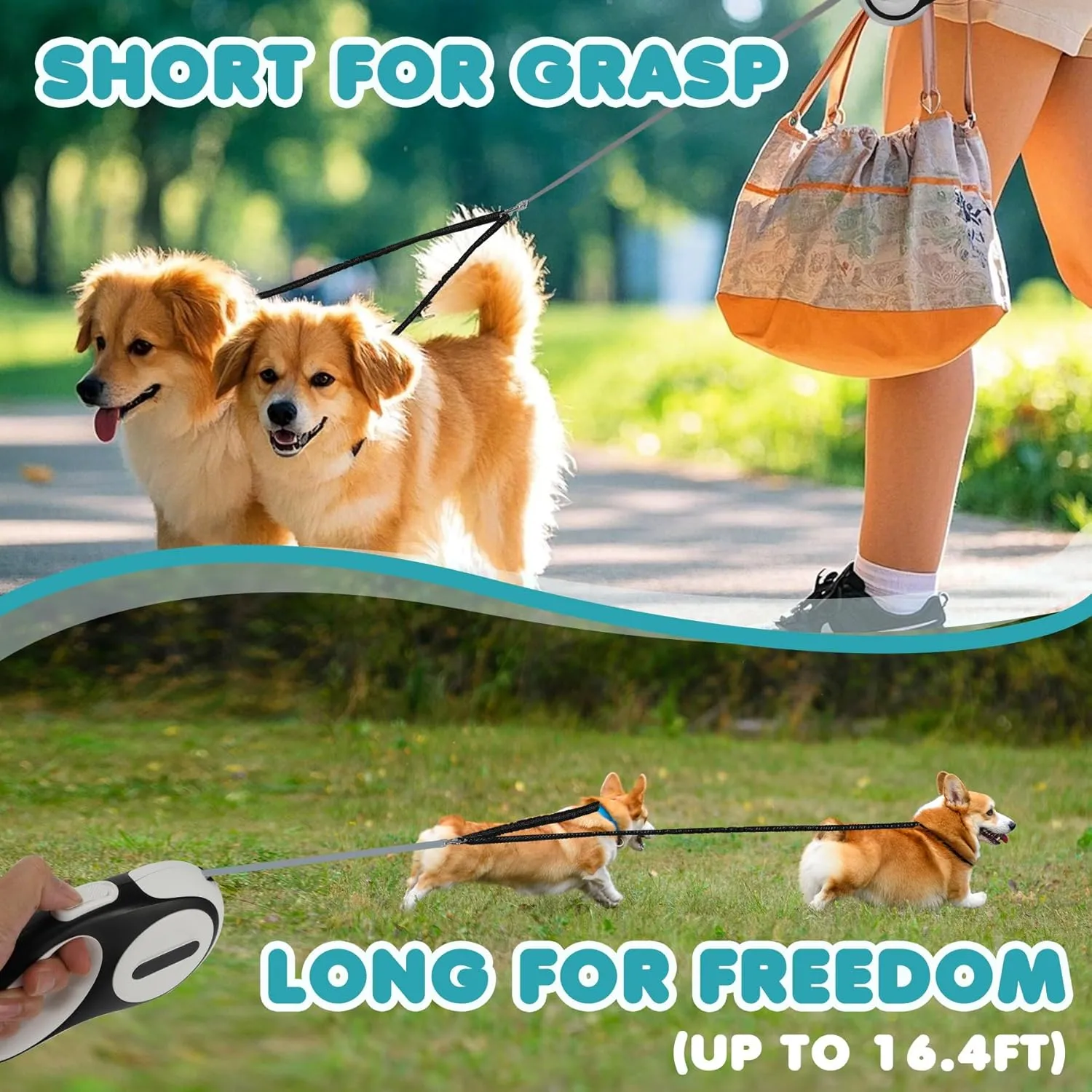 Double Retractable Dog Leash for 2 Large Dogs (Up to 143 Lbs Each), 2 Headed Pet Leash with Poop Bags and Rechargeable LED Light - Tangle-Free Swivel - One Button Break & Lock (White, Large)