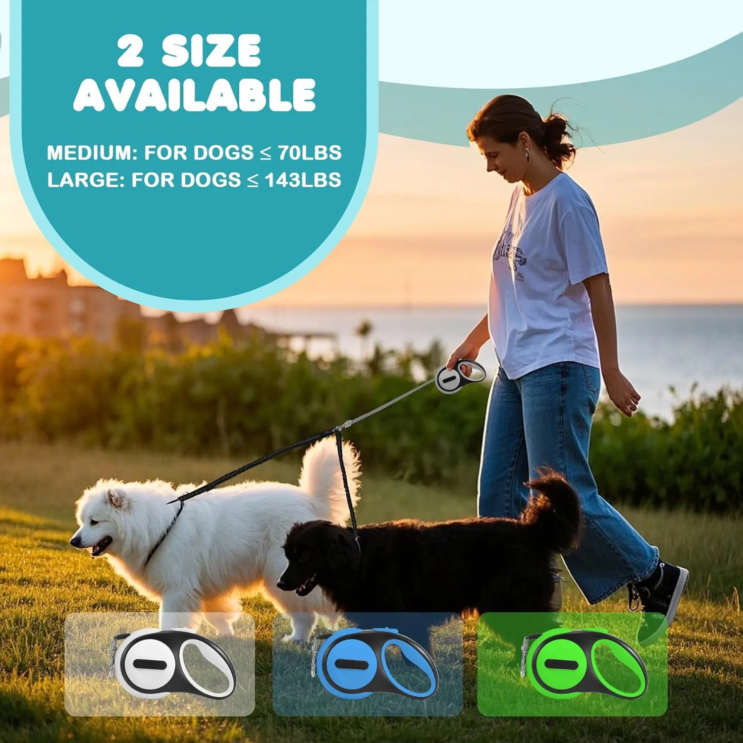 Double Retractable Dog Leash for 2 Large Dogs (Up to 143 Lbs Each), 2 Headed Pet Leash with Poop Bags and Rechargeable LED Light - Tangle-Free Swivel - One Button Break & Lock (White, Large)