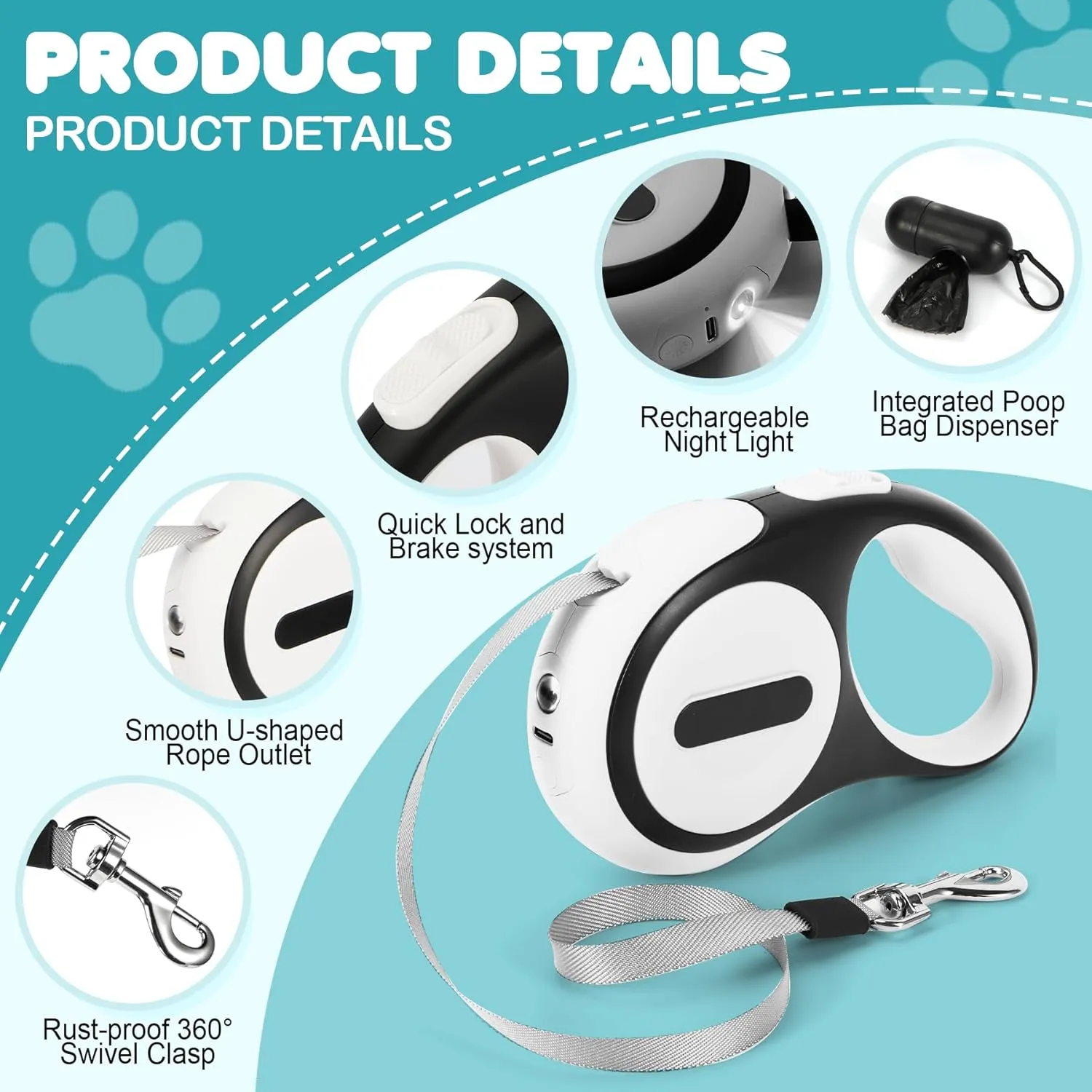 Double Retractable Dog Leash for 2 Large Dogs (Up to 143 Lbs Each), 2 Headed Pet Leash with Poop Bags and Rechargeable LED Light - Tangle-Free Swivel - One Button Break & Lock (White, Large)