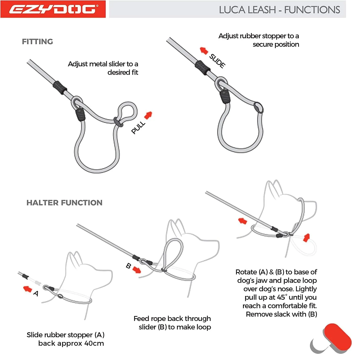 EzyDog Luca Slip Lead Dual Function Heavy Duty Rope Leash for Dogs That Pull Slip Leash & Gentle Lead Head Halter, Small (5.5ft x .23', Black)