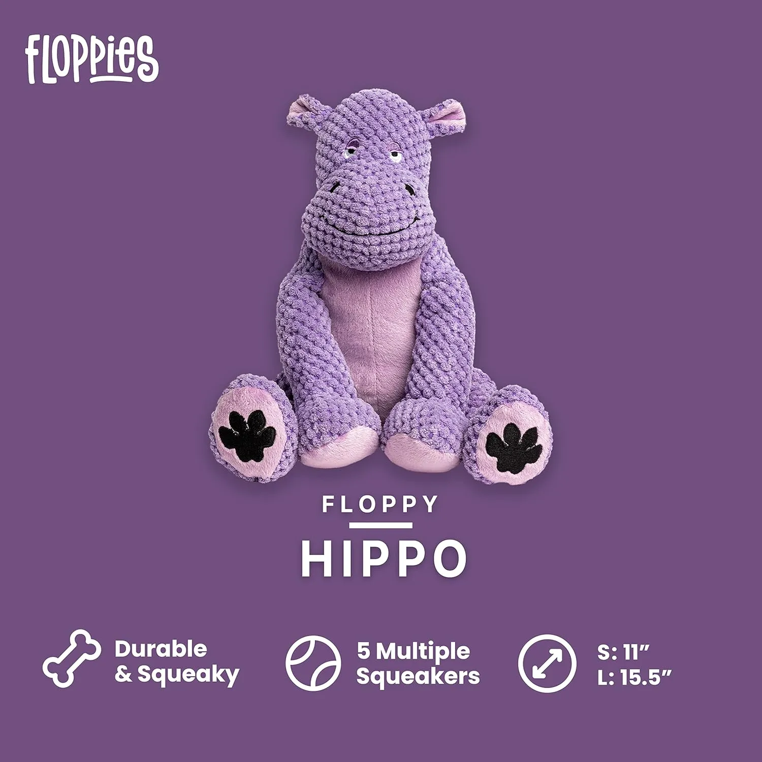 fabdog Floppies Plush Dog Toy - Cute & Durable Squeaky Dog Toys - Best Squeak Toy for Puppies and All Breeds | Ideal Pet Gift| Large Hippo