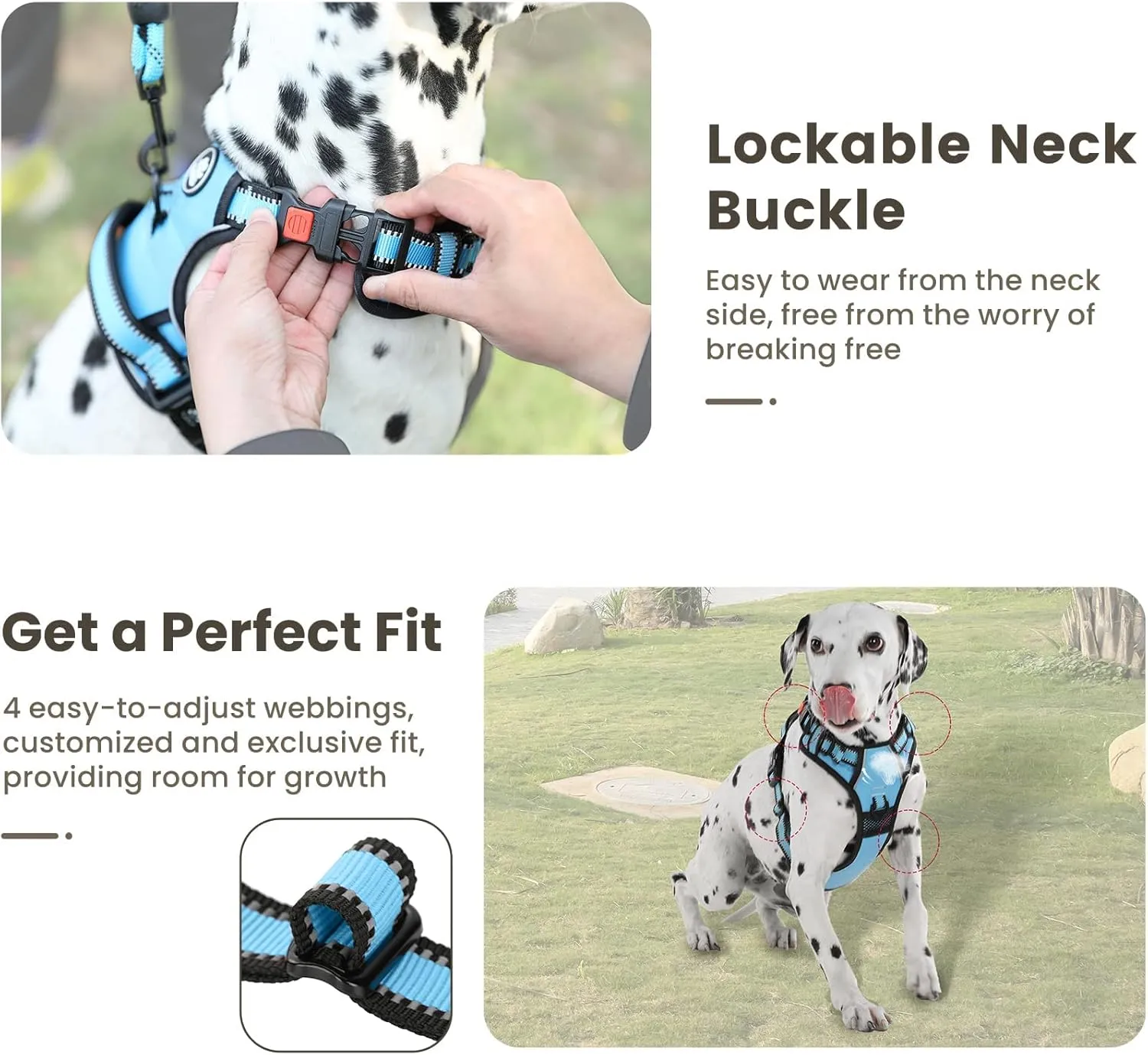FURRYFECTION Dog Harness | No Pull Dog Harness | Reflective Oxford | Padded Handle | 4 Adjustable Straps | 2 Leash Clips | No Choke Pet Vest Harness for Small Medium Large Dogs | Blue | L