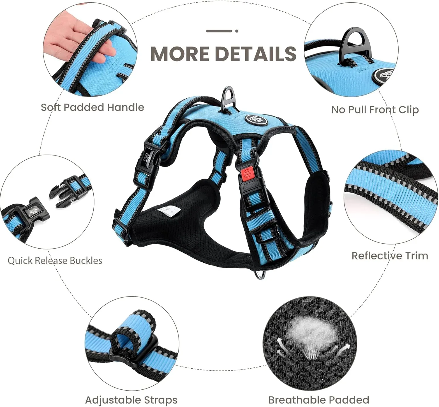 FURRYFECTION Dog Harness | No Pull Dog Harness | Reflective Oxford | Padded Handle | 4 Adjustable Straps | 2 Leash Clips | No Choke Pet Vest Harness for Small Medium Large Dogs | Blue | L