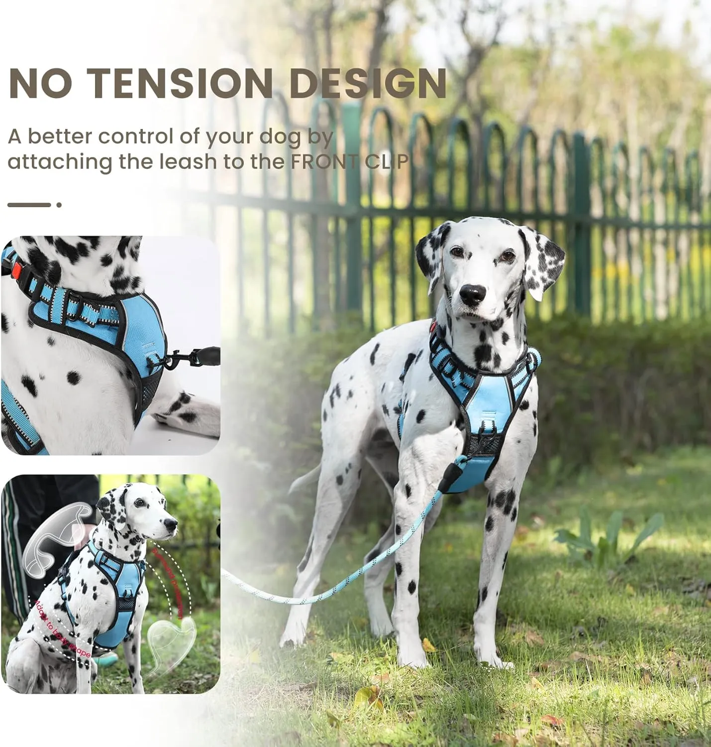 FURRYFECTION Dog Harness | No Pull Dog Harness | Reflective Oxford | Padded Handle | 4 Adjustable Straps | 2 Leash Clips | No Choke Pet Vest Harness for Small Medium Large Dogs | Blue | L