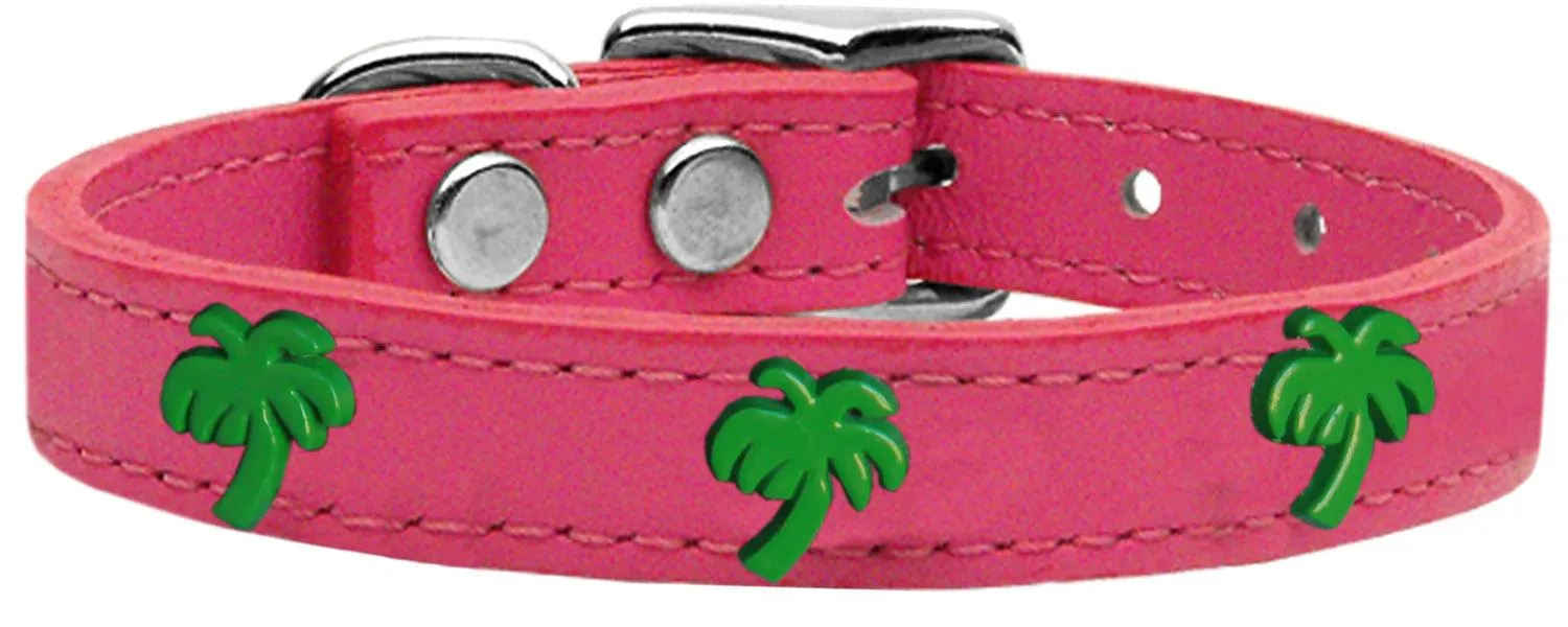 Green Palm Tree Widget Genuine Leather Dog Collar Pink 16