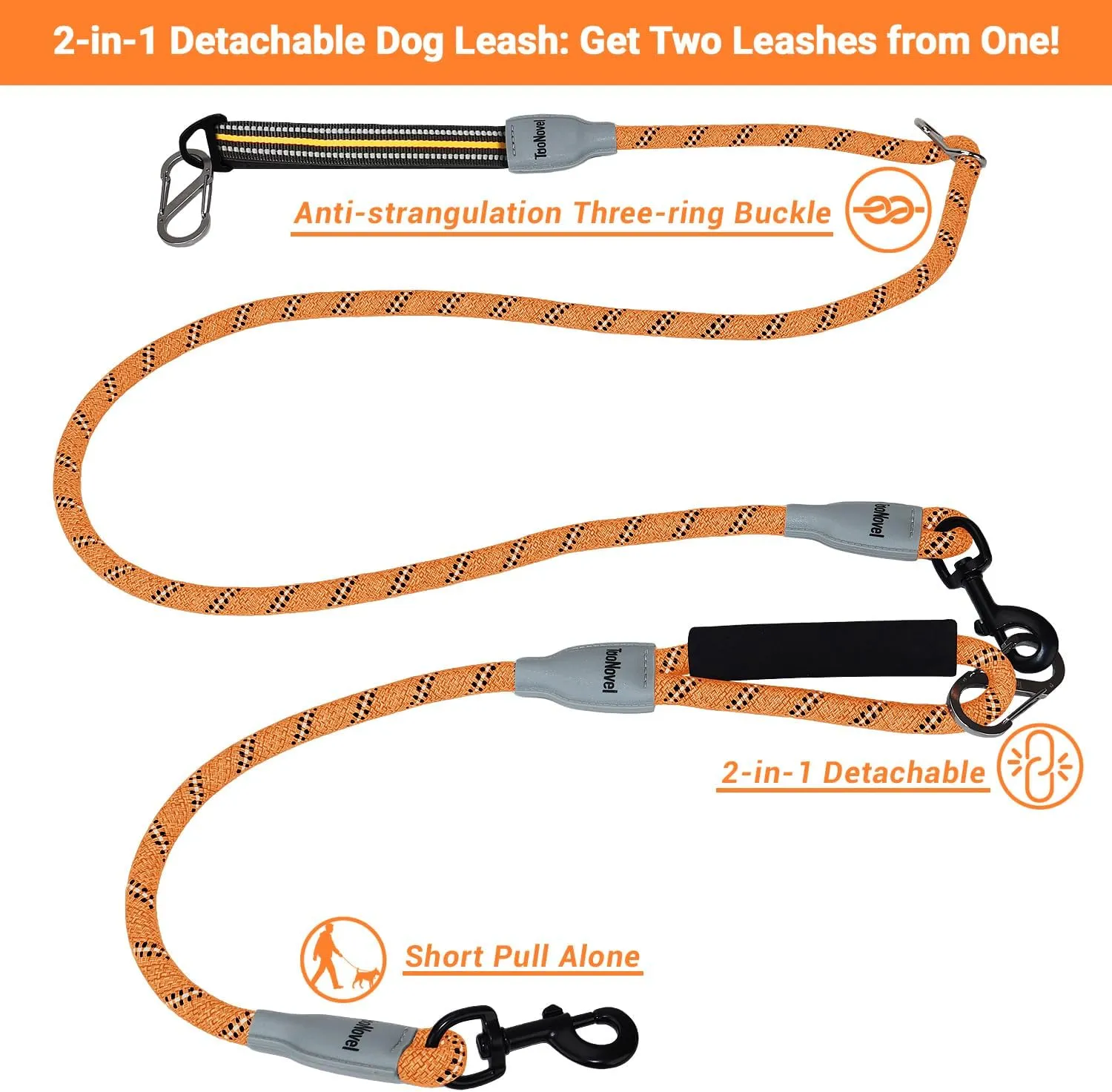 Hands Free Dog Leash, 7 in 1 Multifunctional Reflective Dog Leash, Two Dog Leash No Tangle, Crossbody or Double Dog Multifunction Leash for Medium Large Dogs, Detachable Short Dog Leash (Orange)