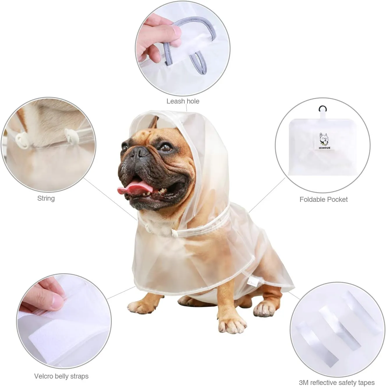 iChoue Dog Raincoats, Packable Rain Coats, Lightweight Rain Jacket with Reflective Straps, Adjustable Poncho for Medium Dog French English Bulldog Pug Terrier (Clear, Medium)