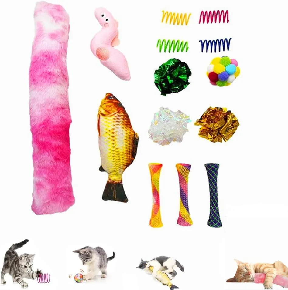 Interactive Cat Toys with Catnip & Bells - Crinkle Squeaky Sound Colorful Spiral Spring for Indoor Cats, 14-Pcs Pet Enrichment Toys for Kittens to Play Alone