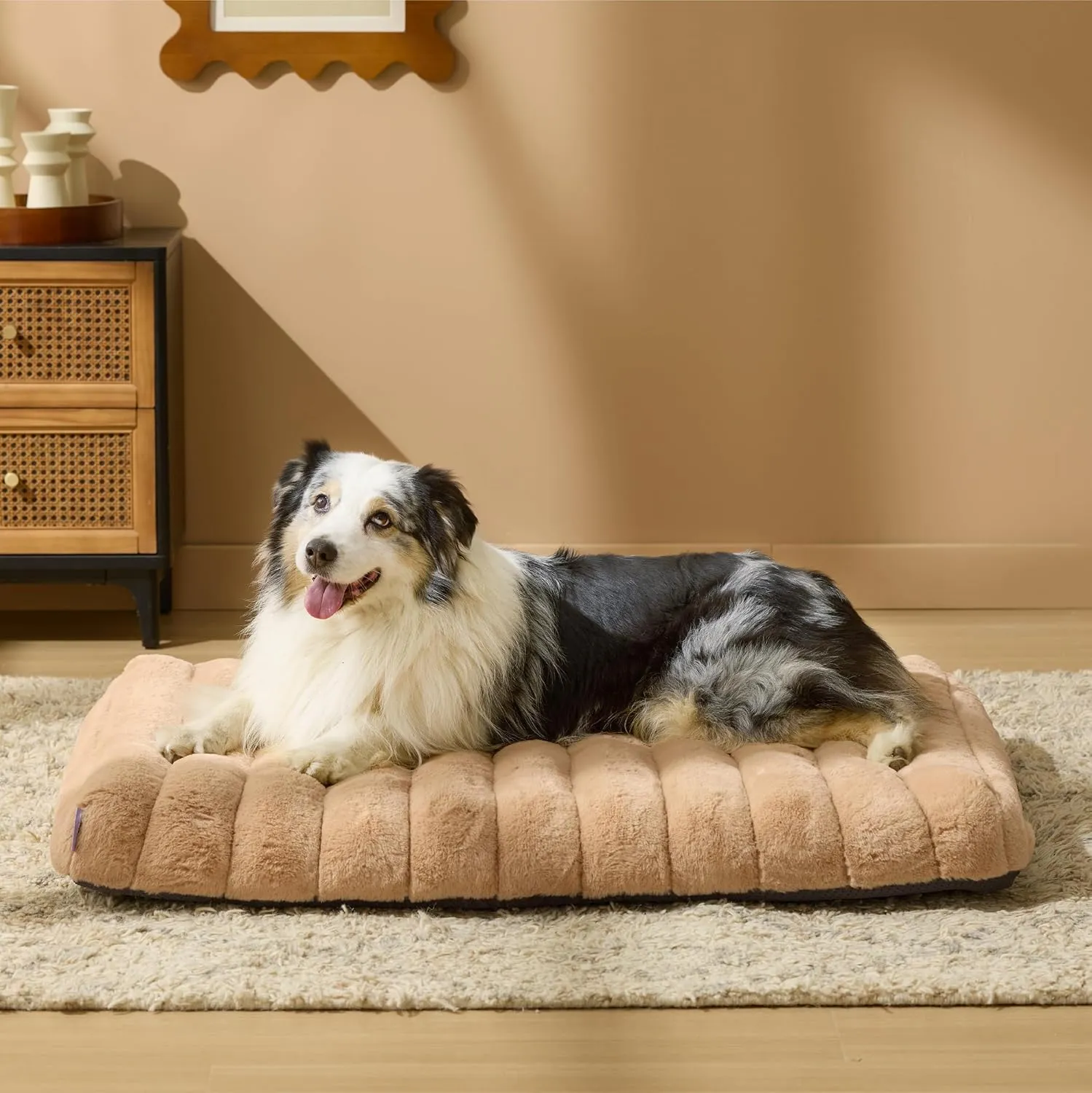 Lesure Cute Orthopedic Dog Bed Large Sized Dog, Waterproof Chic Flat Pet Beds with Removable Washable Cover, Fuzzy Thick Egg Crate Foam Pet Mat for Indoor Use (36" x 27", Beige)