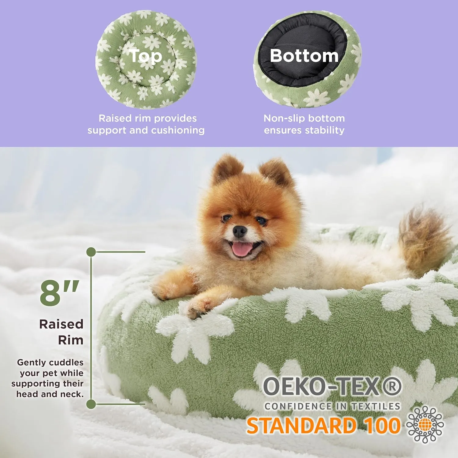 Lesure Small Dog and Cat Bed - Round Calming Beds, Cute Modern Design with Jacquard Shaggy Plush, Anti-Slip Bottom, 23 Inch, Green
