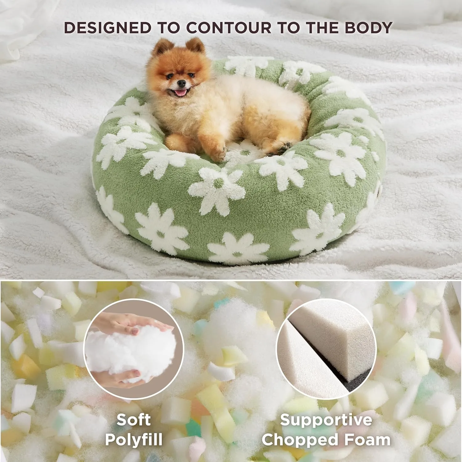Lesure Small Dog and Cat Bed - Round Calming Beds, Cute Modern Design with Jacquard Shaggy Plush, Anti-Slip Bottom, 23 Inch, Green