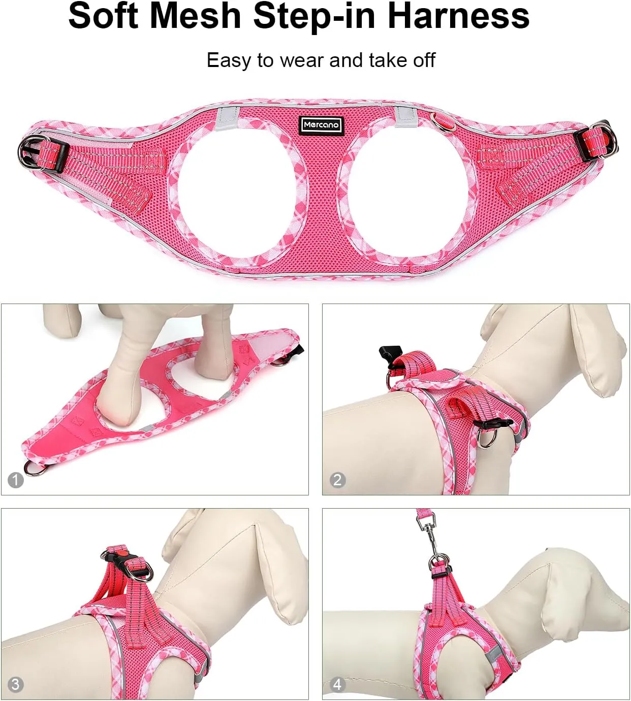 Mercano Soft Mesh Dog Harness and Leash Set, No-Chock Step-in Reflective Breathable Lightweight Easy Walk Vest Harnesses with Safety Buckle for Small Dogs, Cats (M, Fuchsia)