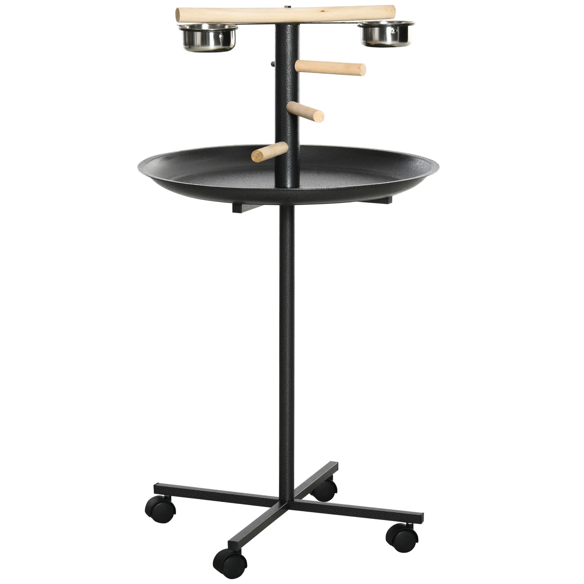 Metal Bird Table Play Stand, Bird Feeder Station Parrot Perch with Four Wheels Feeding Bowls Round Tray