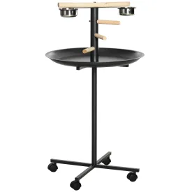 Metal Bird Table Play Stand, Bird Feeder Station Parrot Perch with Four Wheels Feeding Bowls Round Tray