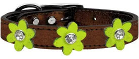 Metallic Flower Leather Collar Bronze With Metallic Lime Green Flowers Size 10