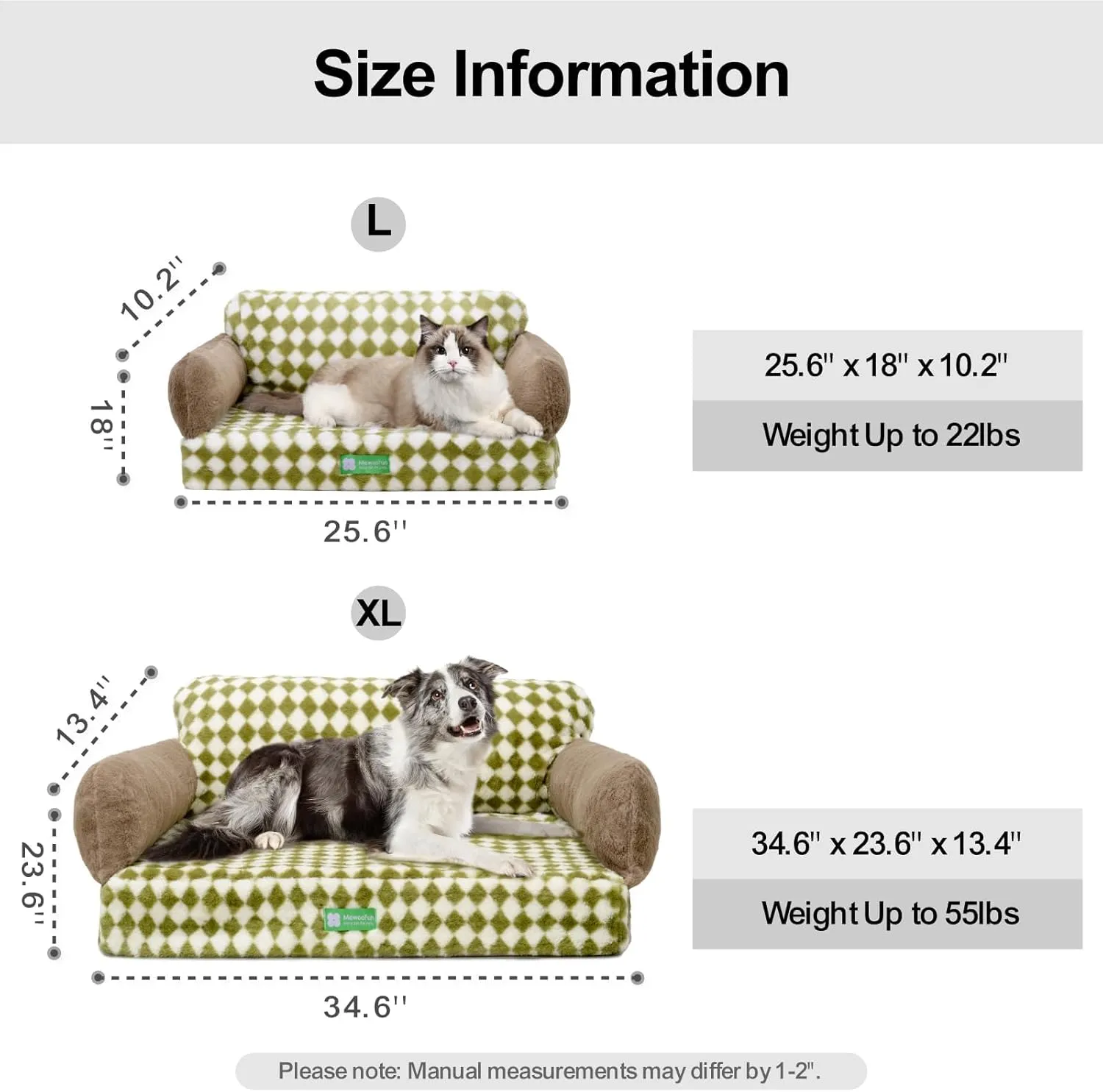 MEWOOFUN 34.6" Orthopedic Dog Bed Sofa for Small Medium Dogs, Egg- Foam Dog Couch with Removable Washable Cover and Non-Slip Bottom (Large, Green)