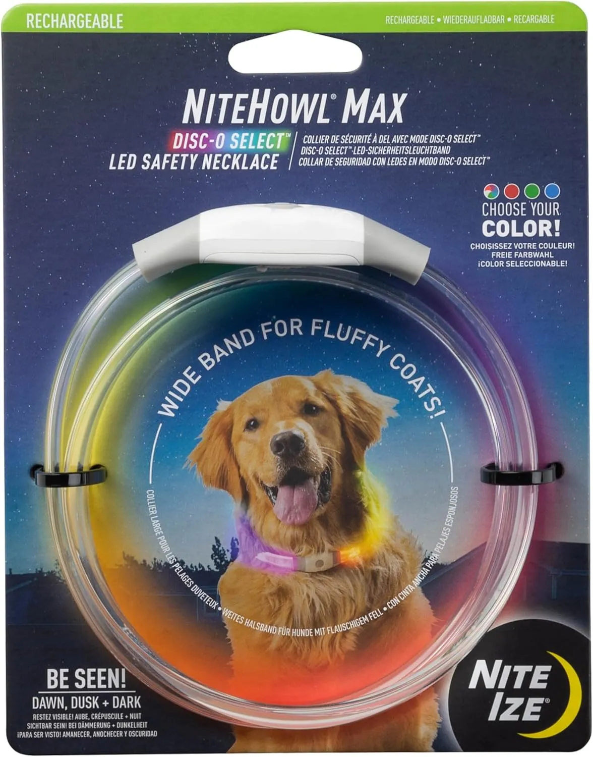 Nite Ize NiteHowl Max Rechargeable LED Safety Necklace - Dog Accessories for Long & Fluffy Coats - LED Glow Necklace for Dogs - Disc-O Select