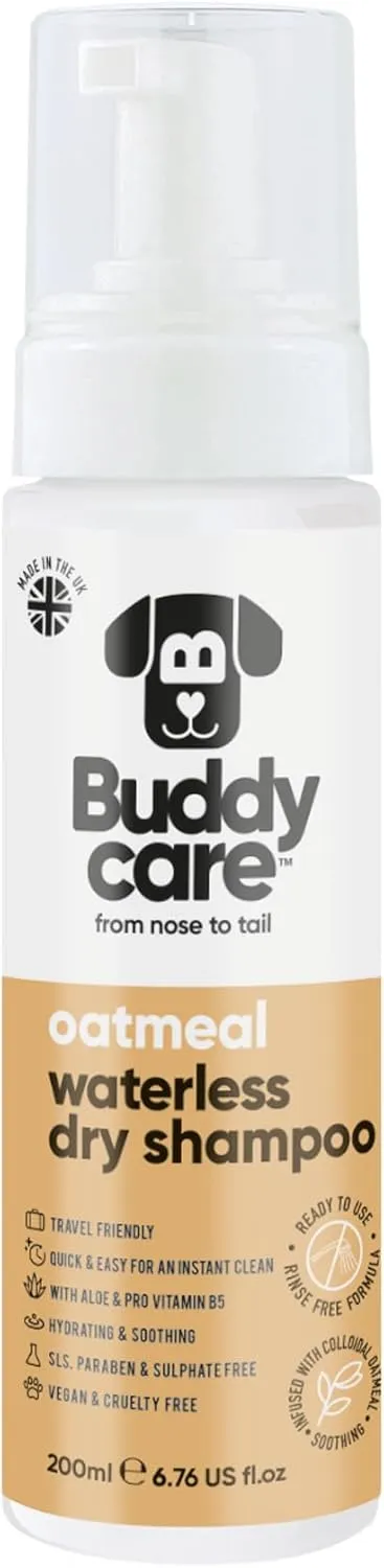 Oatmeal Waterless Dry Dog Shampoo by Buddycare | Deep Cleansing Shampoo for Dogs | Fresh Scented | with Aloe Vera and Pro Vitamin B5 (6.75 fl oz)