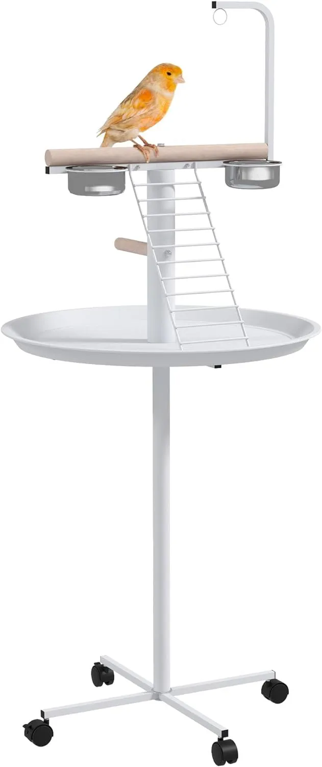 PawHut Bird Stand, Parrot Stand with Wheels, Perches, Stainless Steel Feed Bowls, Round Tray, Bird Play Stand for Indoor Outdoor, White