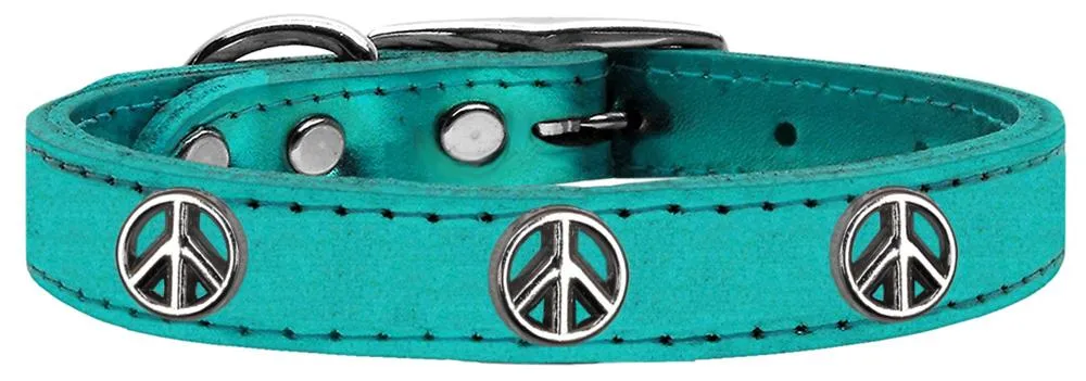 Peace Sign Widget Genuine Metallic Leather Dog Collar Turquoise 16