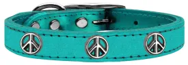 Peace Sign Widget Genuine Metallic Leather Dog Collar Turquoise 24