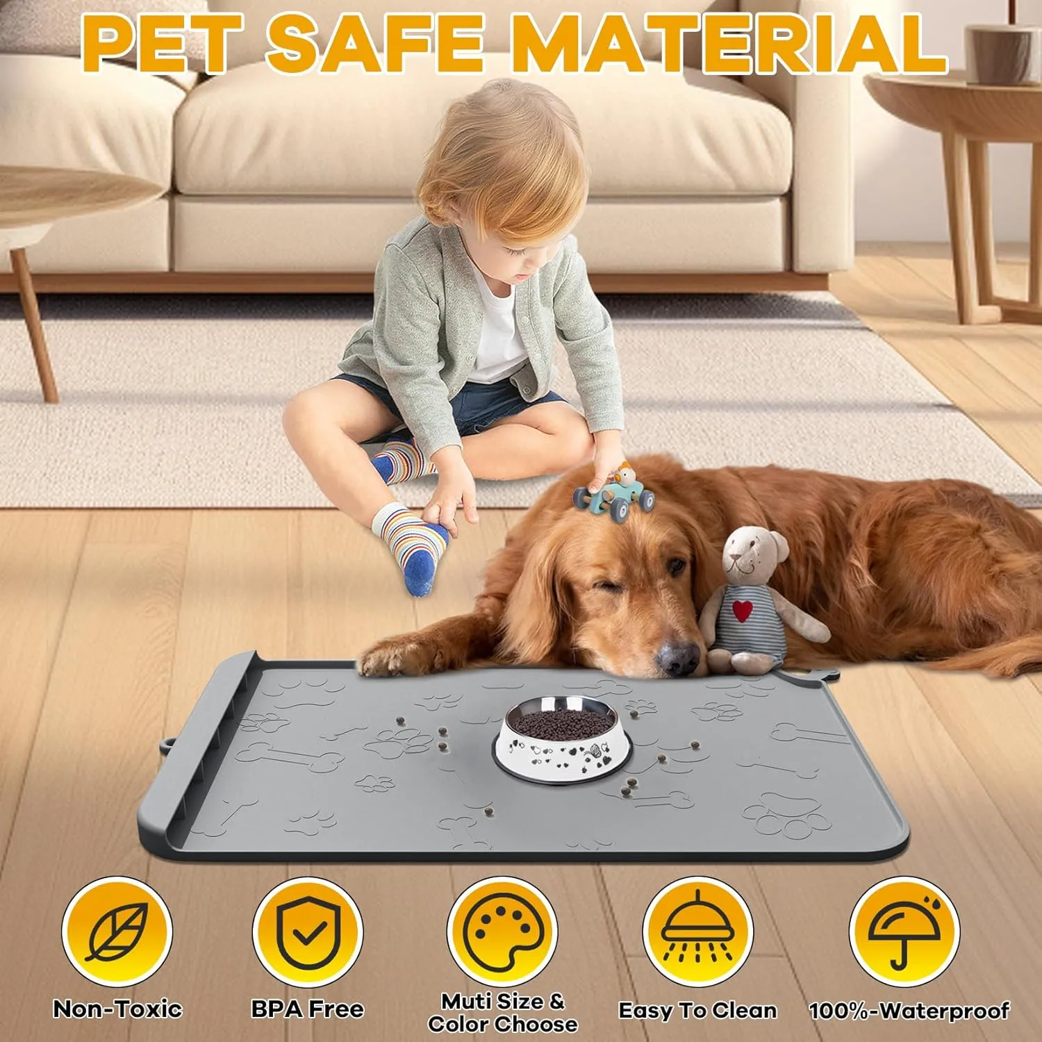 Pet Feeding Mat, Dog Food Mat, Silicone Pet Feeding Mats with Residue Collection Pocket, Waterproof Dog Cat Bowl Mats for Food and Water with Edge and Hook, Tray for Dog Bowls (Dark Gray, 18''x12'')