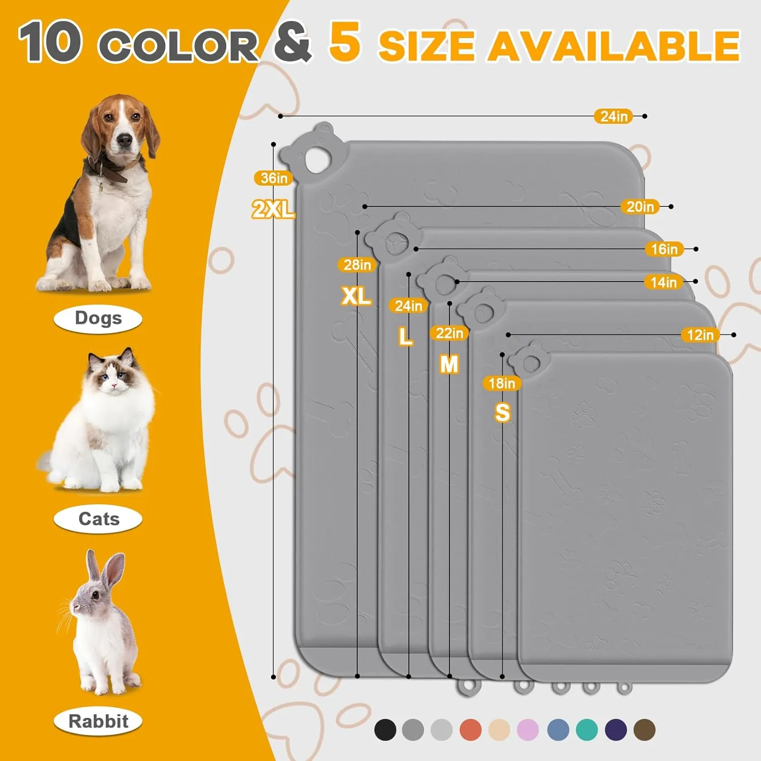 Pet Feeding Mat, Dog Food Mat, Silicone Pet Feeding Mats with Residue Collection Pocket, Waterproof Dog Cat Bowl Mats for Food and Water with Edge and Hook, Tray for Dog Bowls (Dark Gray, 18''x12'')