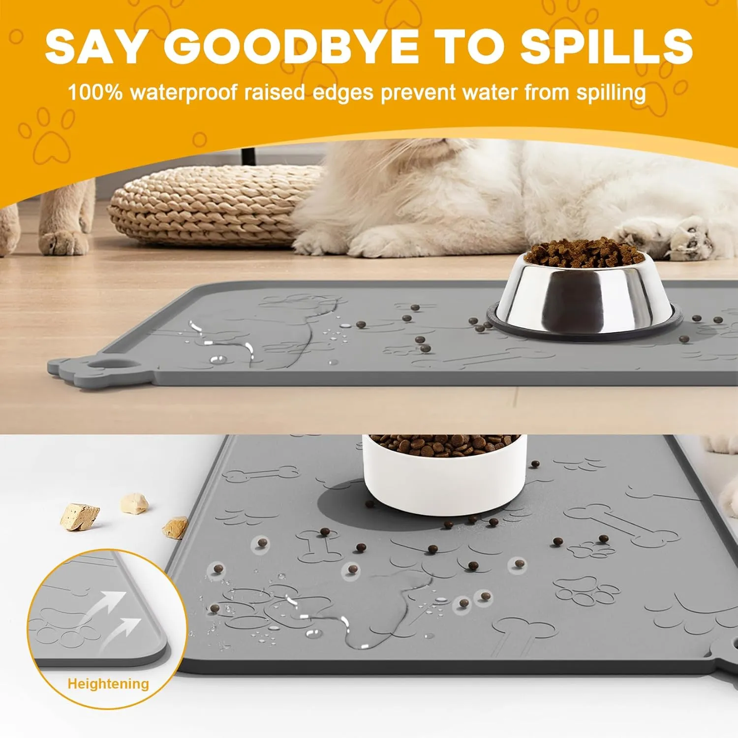 Pet Feeding Mat, Dog Food Mat, Silicone Pet Feeding Mats with Residue Collection Pocket, Waterproof Dog Cat Bowl Mats for Food and Water with Edge and Hook, Tray for Dog Bowls (Dark Gray, 18''x12'')