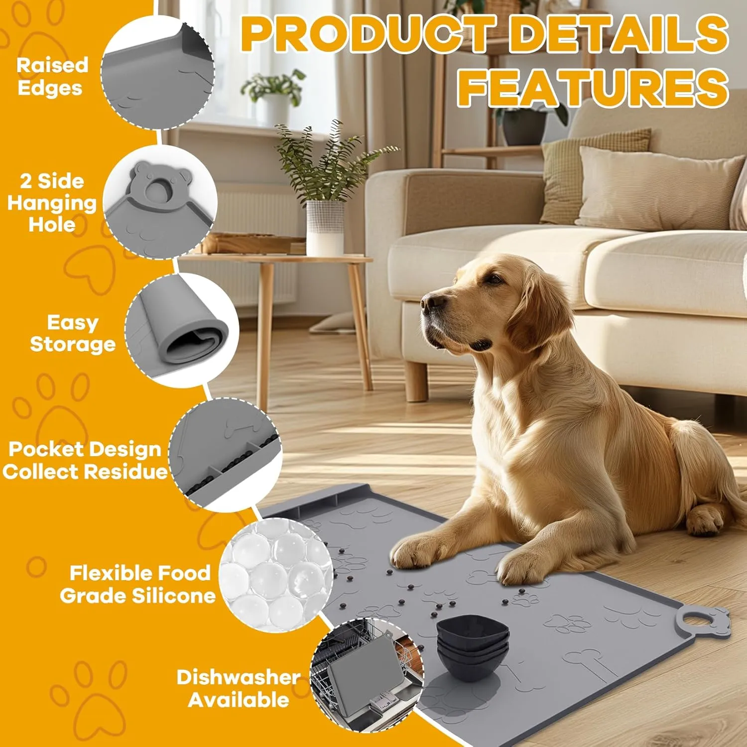 Pet Feeding Mat, Dog Food Mat, Silicone Pet Feeding Mats with Residue Collection Pocket, Waterproof Dog Cat Bowl Mats for Food and Water with Edge and Hook, Tray for Dog Bowls (Dark Gray, 18''x12'')