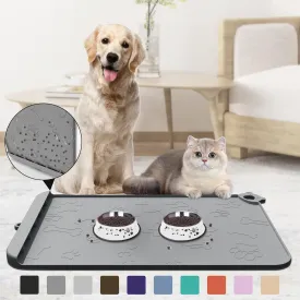 Pet Feeding Mat, Dog Food Mat, Silicone Pet Feeding Mats with Residue Collection Pocket, Waterproof Dog Cat Bowl Mats for Food and Water with Edge and Hook, Tray for Dog Bowls (Dark Gray, 18''x12'')