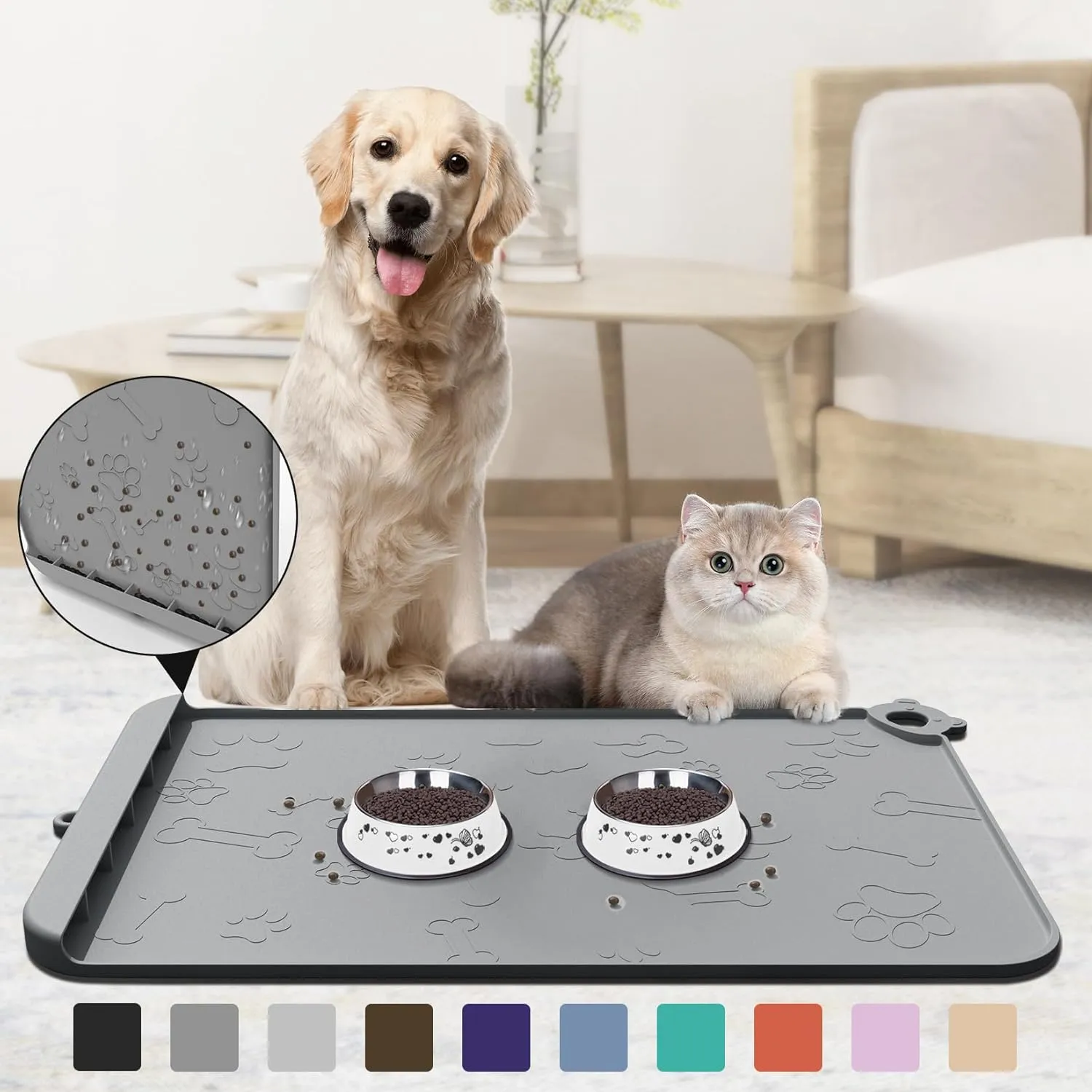 Pet Feeding Mat, Dog Food Mat, Silicone Pet Feeding Mats with Residue Collection Pocket, Waterproof Dog Cat Bowl Mats for Food and Water with Edge and Hook, Tray for Dog Bowls (Dark Gray, 18''x12'')