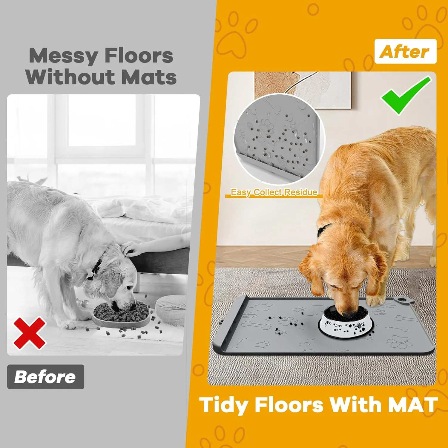Pet Feeding Mat, Dog Food Mat, Silicone Pet Feeding Mats with Residue Collection Pocket, Waterproof Dog Cat Bowl Mats for Food and Water with Edge and Hook, Tray for Dog Bowls (Dark Gray, 18''x12'')