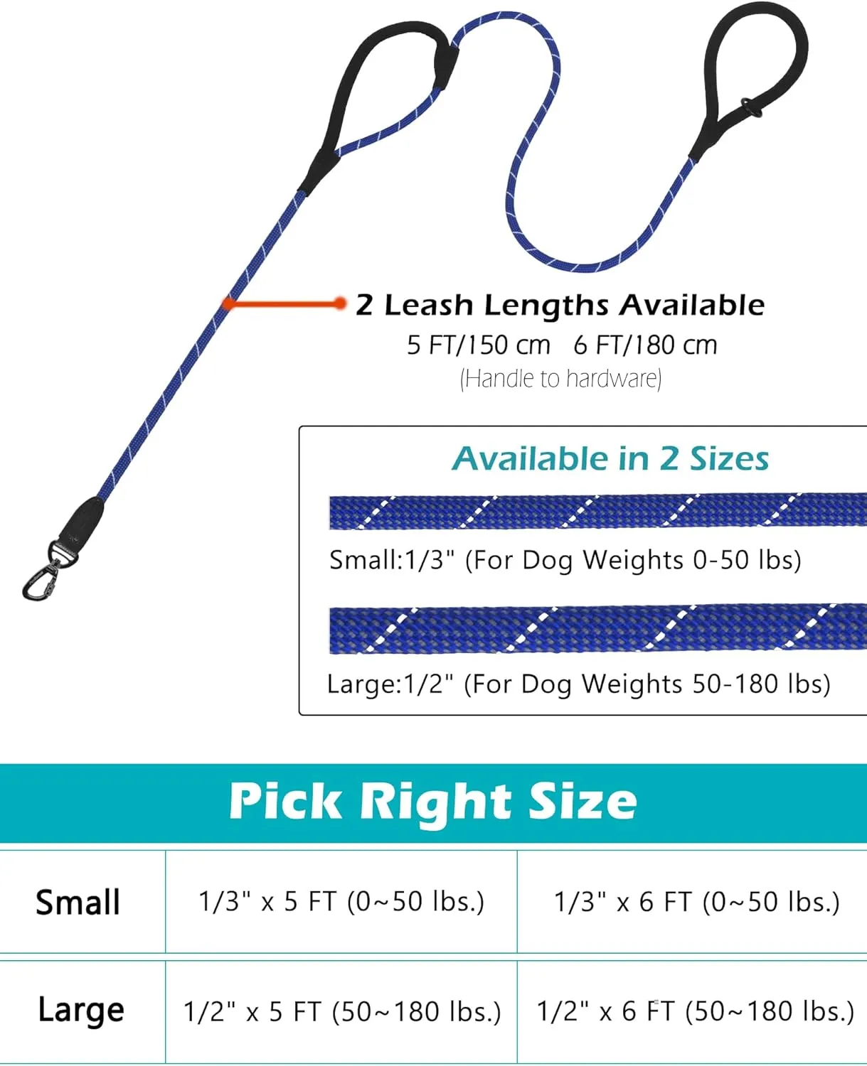 PetBonus Double Handle Rope Dog Leash, 5FT/6FT Heavy Duty Training Lead with Lockable Hook and 2 Comfortable Padded Handles, Reflective Walking Nylon Leash for Small Medium Dogs (1/2" x 5 FT, Blue)